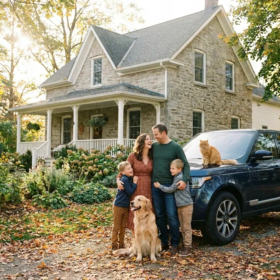 Familia feliz protegiendo su hogar, coche y mascotas - Seguros EstarSeguro.es